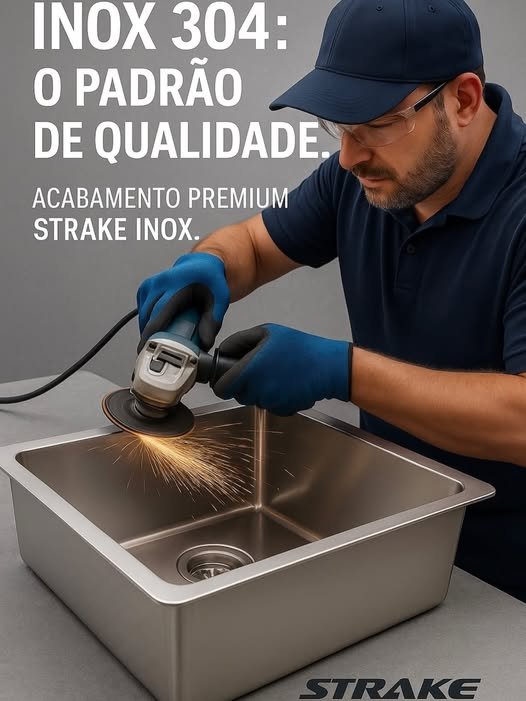 Especialista Strake dando acabamento premium em cuba de inox 304